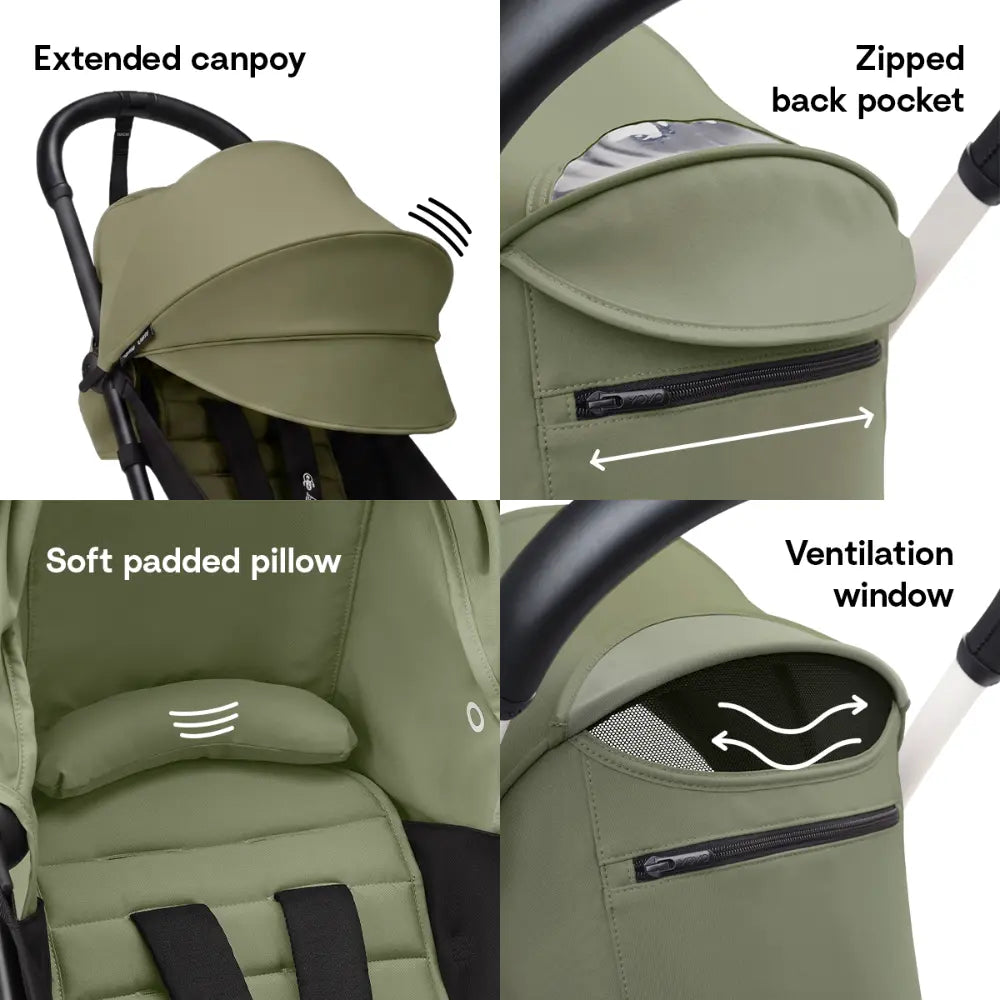 Stokke YOYO3 Stroller | Lightweight Compact Travel Stroller for Babies | Cabin Friendly &amp; Foldable | UPF 50+ Sun Protection | 5 Point Safety Harness | Award Winning Design | YOYO Stroller India | 6 Months to 4 Years - Black/Olive