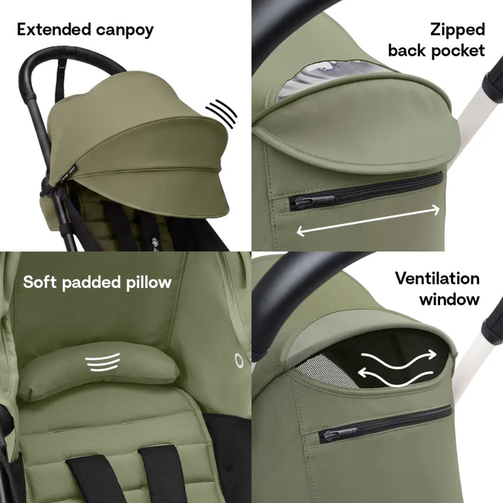 Stokke YOYO3 Stroller | Lightweight Compact Travel Stroller for Babies | Cabin Friendly &amp; Foldable | UPF 50+ Sun Protection | 5 Point Safety Harness | Award Winning Design | YOYO Stroller India | 6 Months to 4 Years - Black/Olive