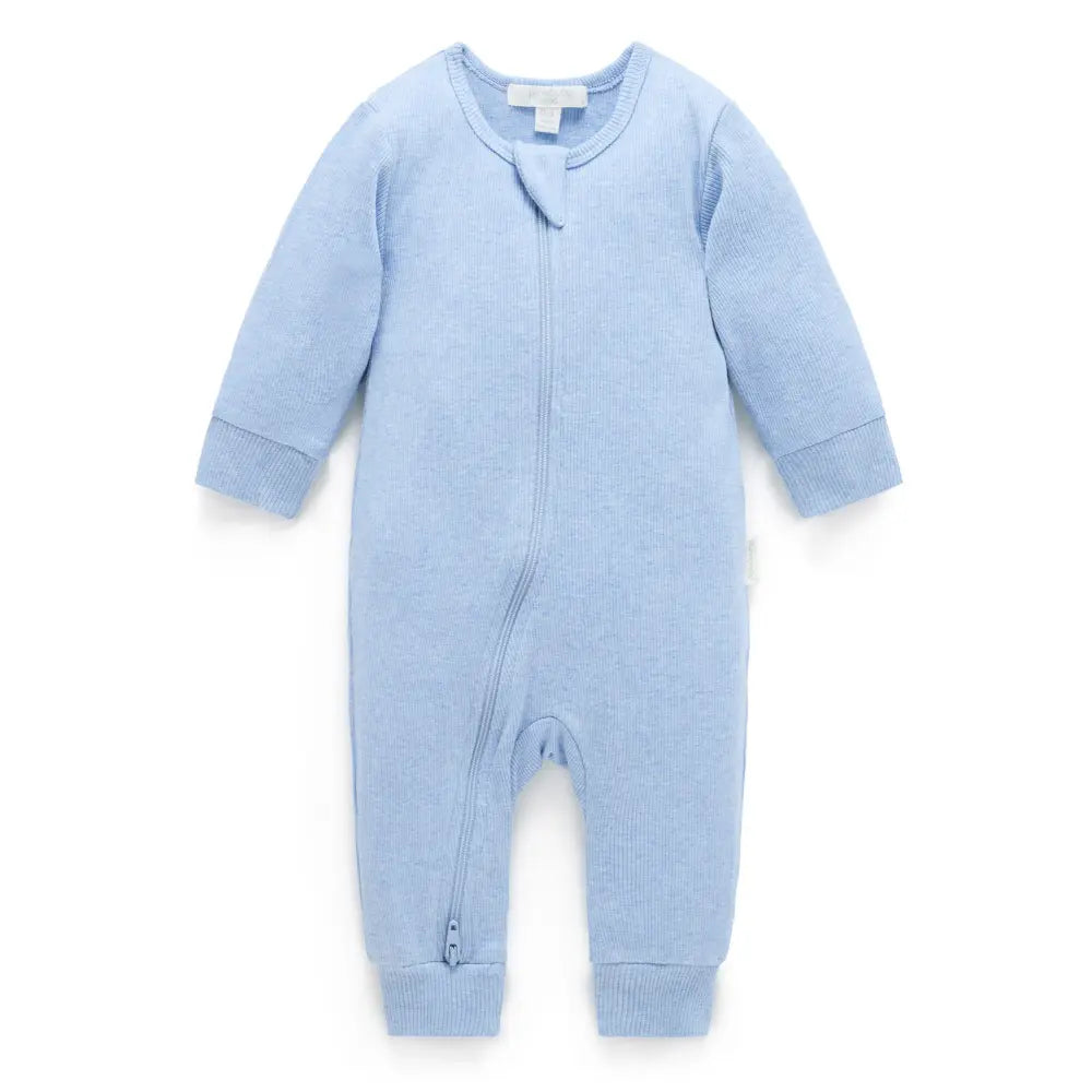 Purebaby Unisex Organic Cotton Rib Zip Growsuit - Pale Blue Melange