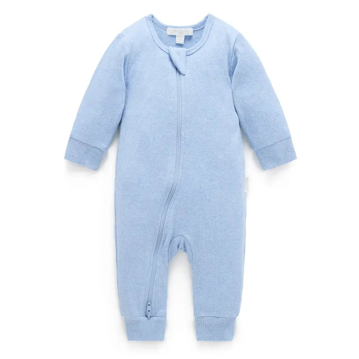 Purebaby Unisex Organic Cotton Rib Zip Growsuit - Pale Blue Melange