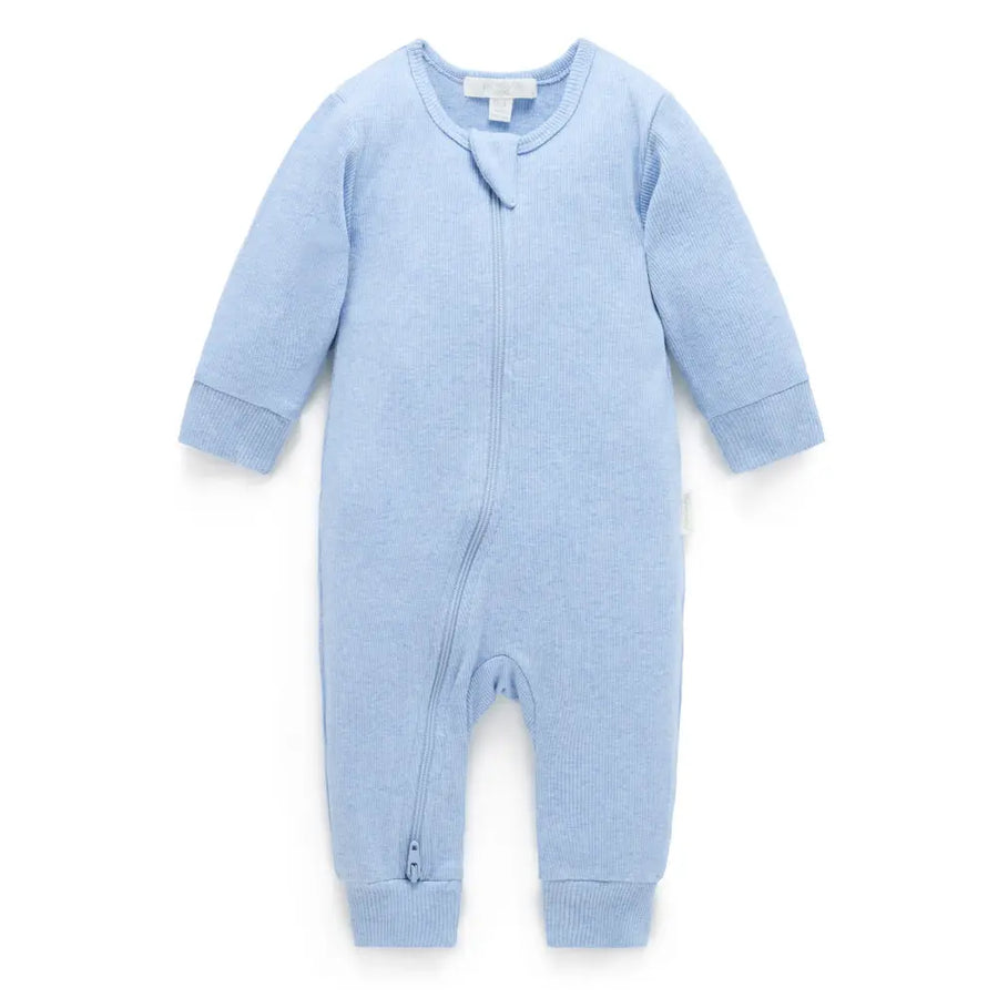 Purebaby Unisex Organic Cotton Rib Zip Growsuit - Pale Blue Melange
