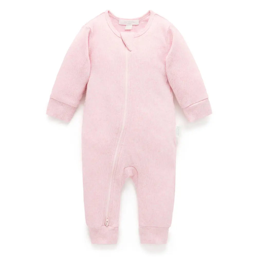 Purebaby Unisex Organic Cotton Rib Zip Growsuit - Pale Pink Melange