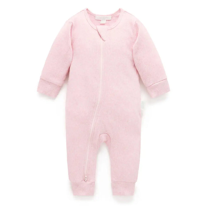 Purebaby Unisex Organic Cotton Rib Zip Growsuit - Pale Pink Melange