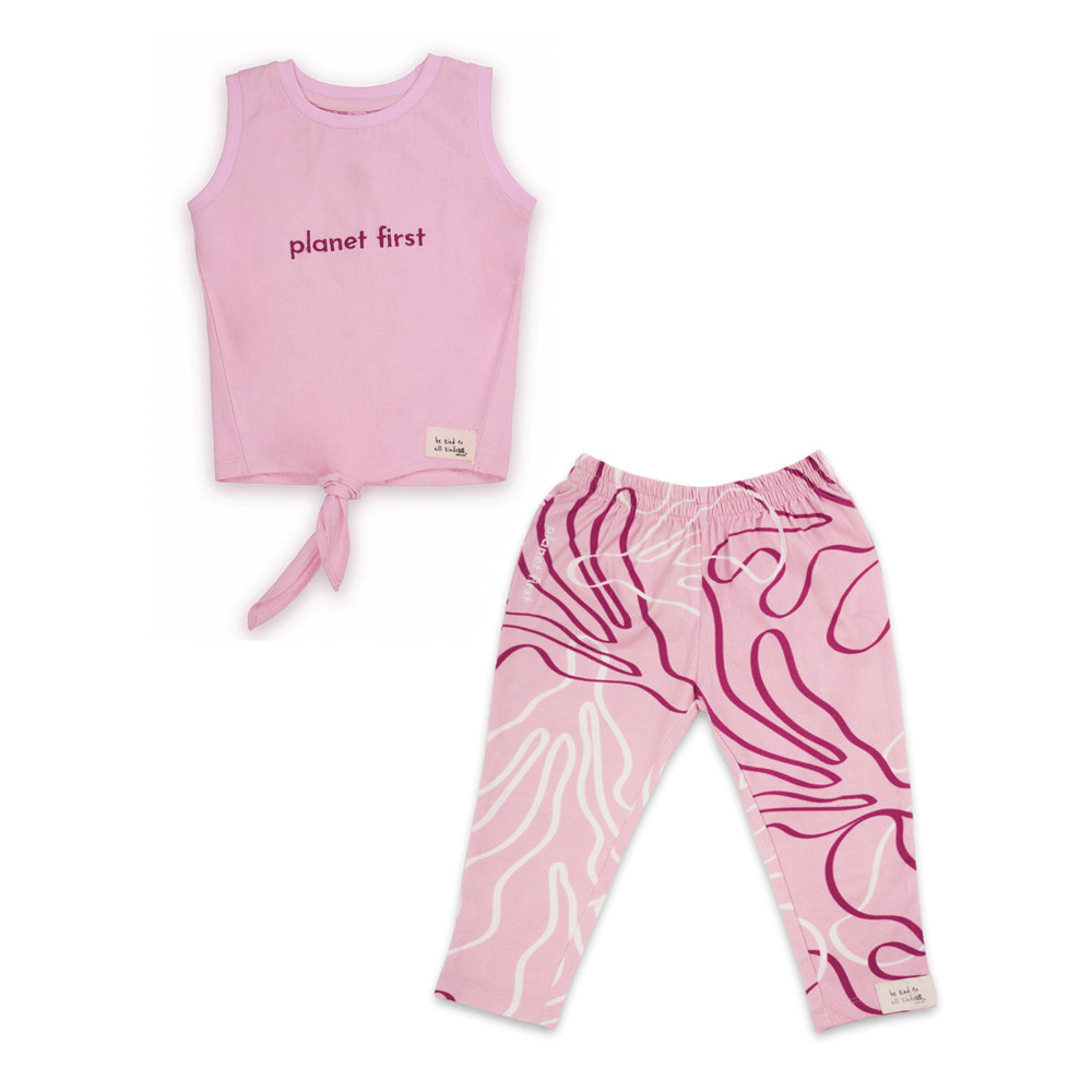 Miko Lolo Planet First Slogan Vest with matching Reef Printed Leggings Set, Pink
