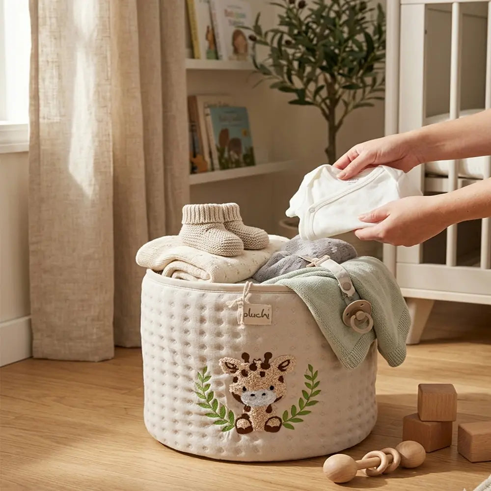 Pluchi Giraffe Cotton Knitted Quilted Large Kids Baskets For Assembling Toys And Other Playing Accessories - Off White