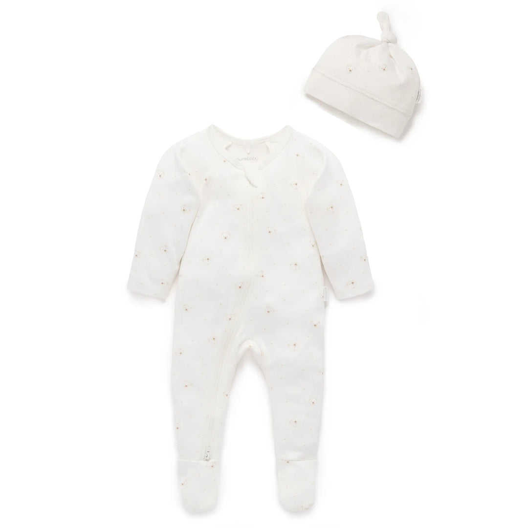 Purebaby Unisex Organic Bear Cotton Zip Growsuit &amp; Hat Set - Vanilla