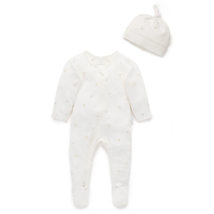 Purebaby Unisex Organic Bear Cotton Zip Growsuit &amp; Hat Set - Vanilla