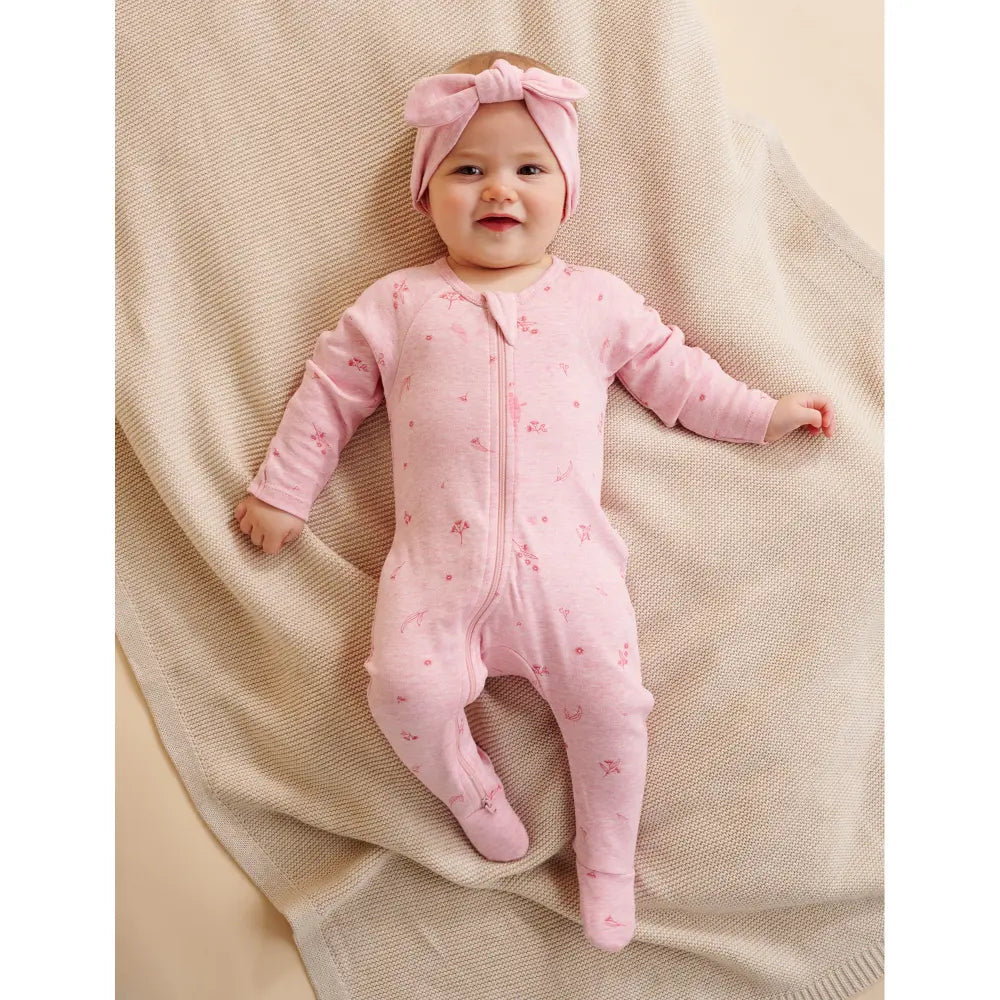Purebaby Unisex Blossom Organic Cotton Zip Growsuit &amp; Headband Set - Pink