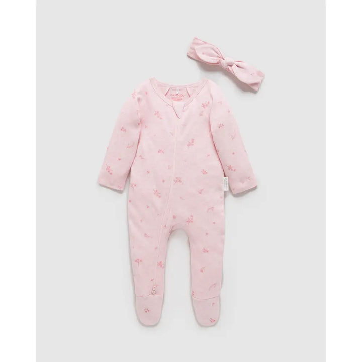 Purebaby Unisex Blossom Organic Cotton Zip Growsuit &amp; Headband Set - Pink