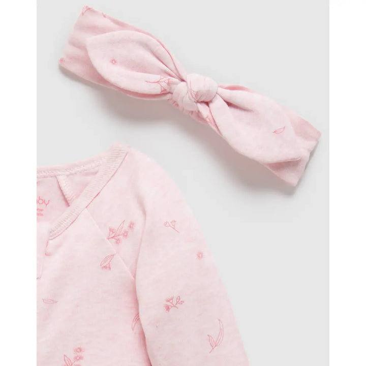 Purebaby Unisex Blossom Organic Cotton Zip Growsuit &amp; Headband Set - Pink