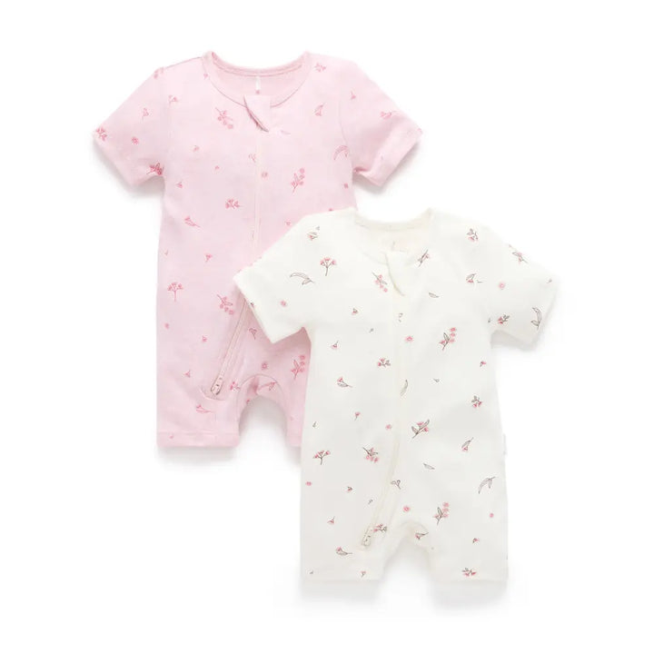Purebaby Unisex Blossom Pack of 2 Organic Cotton Short Zip Growsuits - Pale Pink
