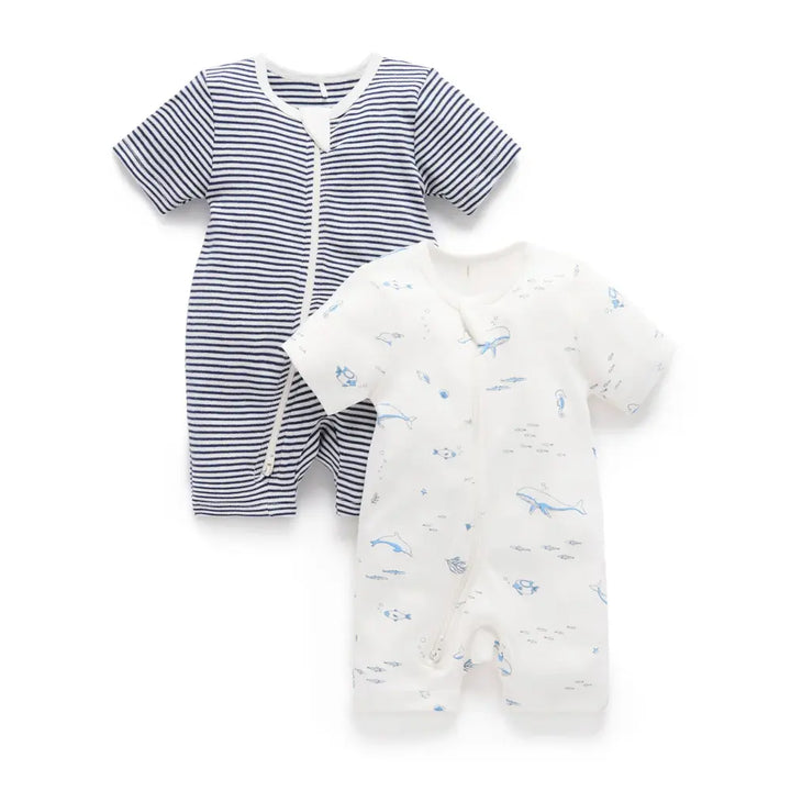 Purebaby Unisex Nautical Pack of 2 Organic Cotton Short Zip Growsuit - Vanilla