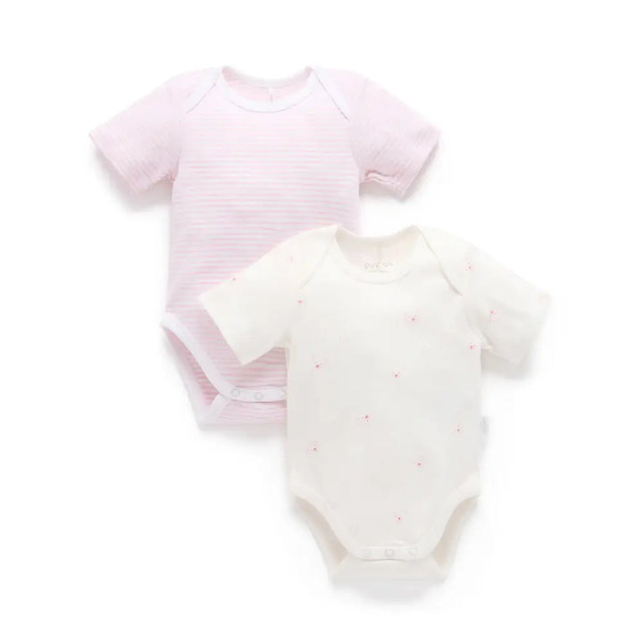 Purebaby Unisex Pack of 2 Bear Organic Cotton Easy Neck Bodysuits - Pale Pink