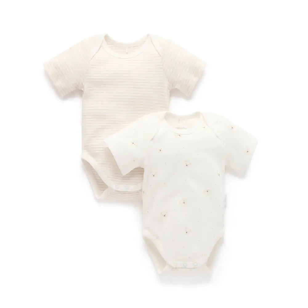 Purebaby Unisex Pack of 2 Bear Organic Cotton Easy Neck Bodysuits - Vanilla
