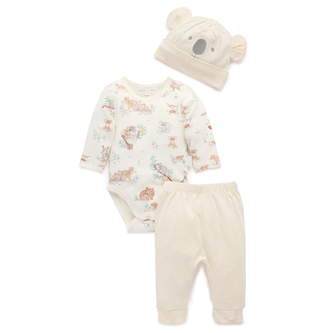 Purebaby Unisex Organic Cotton 3 Piece Gift Set with Hat - Bush Babies