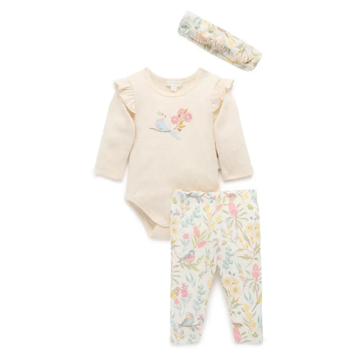 Purebaby Organic Cotton 3 Piece Gift Set For Girls w/ Headband - Aviary Garden