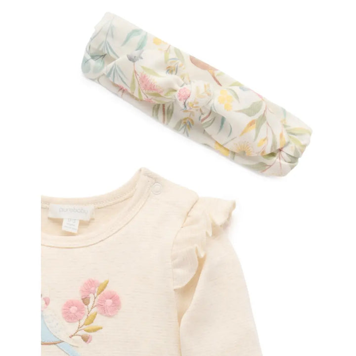Purebaby Organic Cotton 3 Piece Gift Set For Girls w/ Headband - Aviary Garden