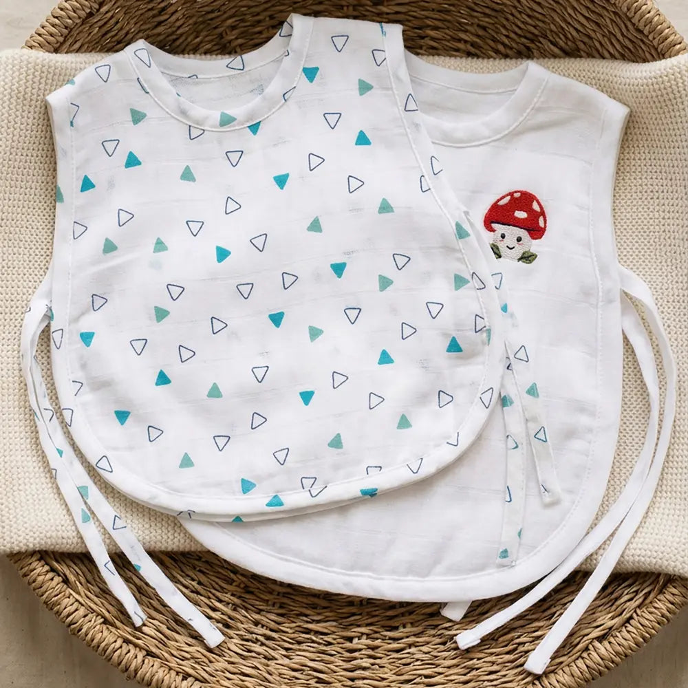 The White Cradle Organic Cotton Muslin Jhablas for Newborn Baby Boy and Girl | Pack of 2 Embroidered &amp; Printed Blue Triangle with Mushroom Jabala | Unisex Baby Vest, Soft &amp; Breathable All-Season Wear