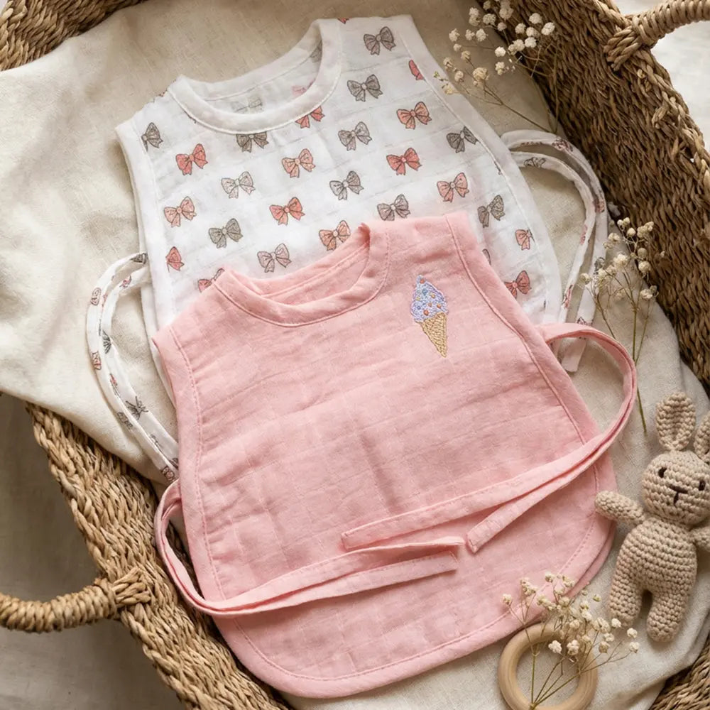 The White Cradle Organic Cotton Muslin Jhablas for Newborn Baby Boy and Girl | Pack of 2 Embroidered &amp; Printed Pink Bow with Ice Cream Jabala | Unisex Baby Vest, Soft &amp; Breathable All-Season Wear
