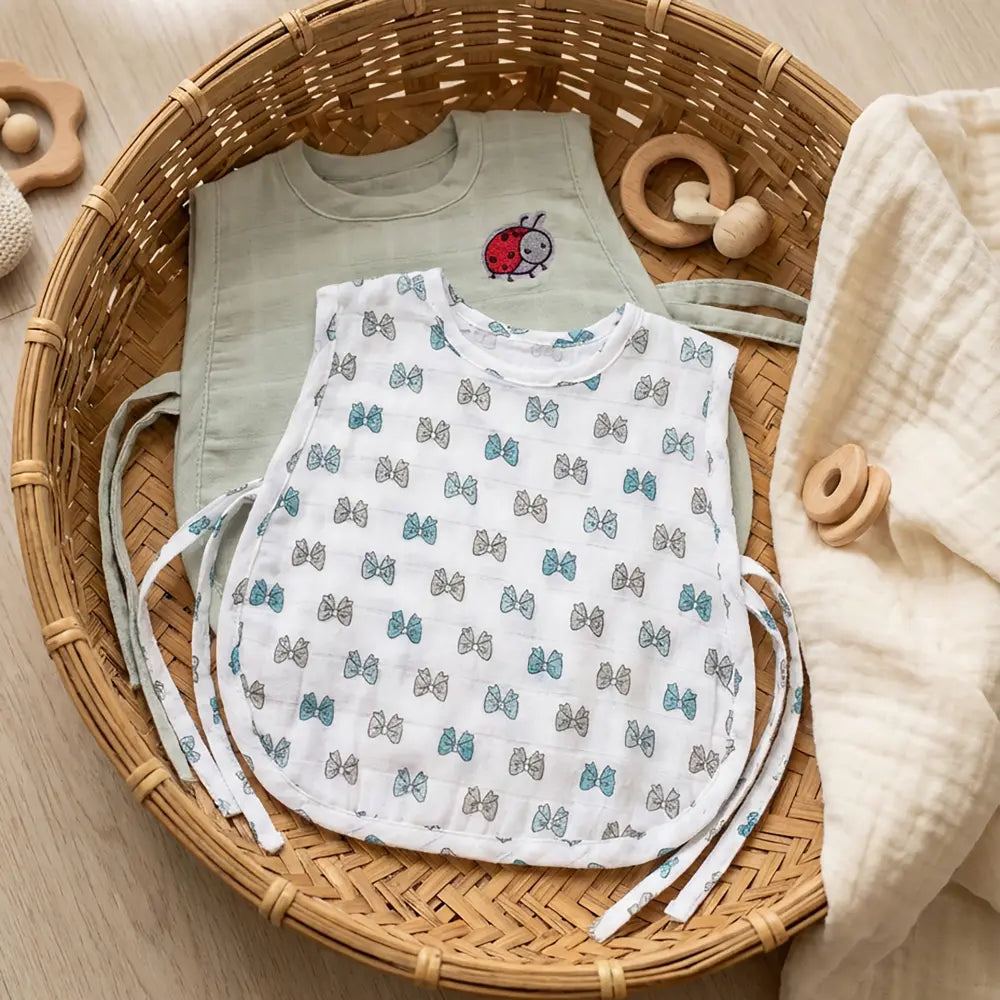 The White Cradle Organic Cotton Muslin Jhablas for Newborn Baby Boy and Girl | Pack of 2 Embroidered &amp; Printed Blue Bow with Beetle Jabala | Unisex Baby Vest, Soft &amp; Breathable All-Season Wear