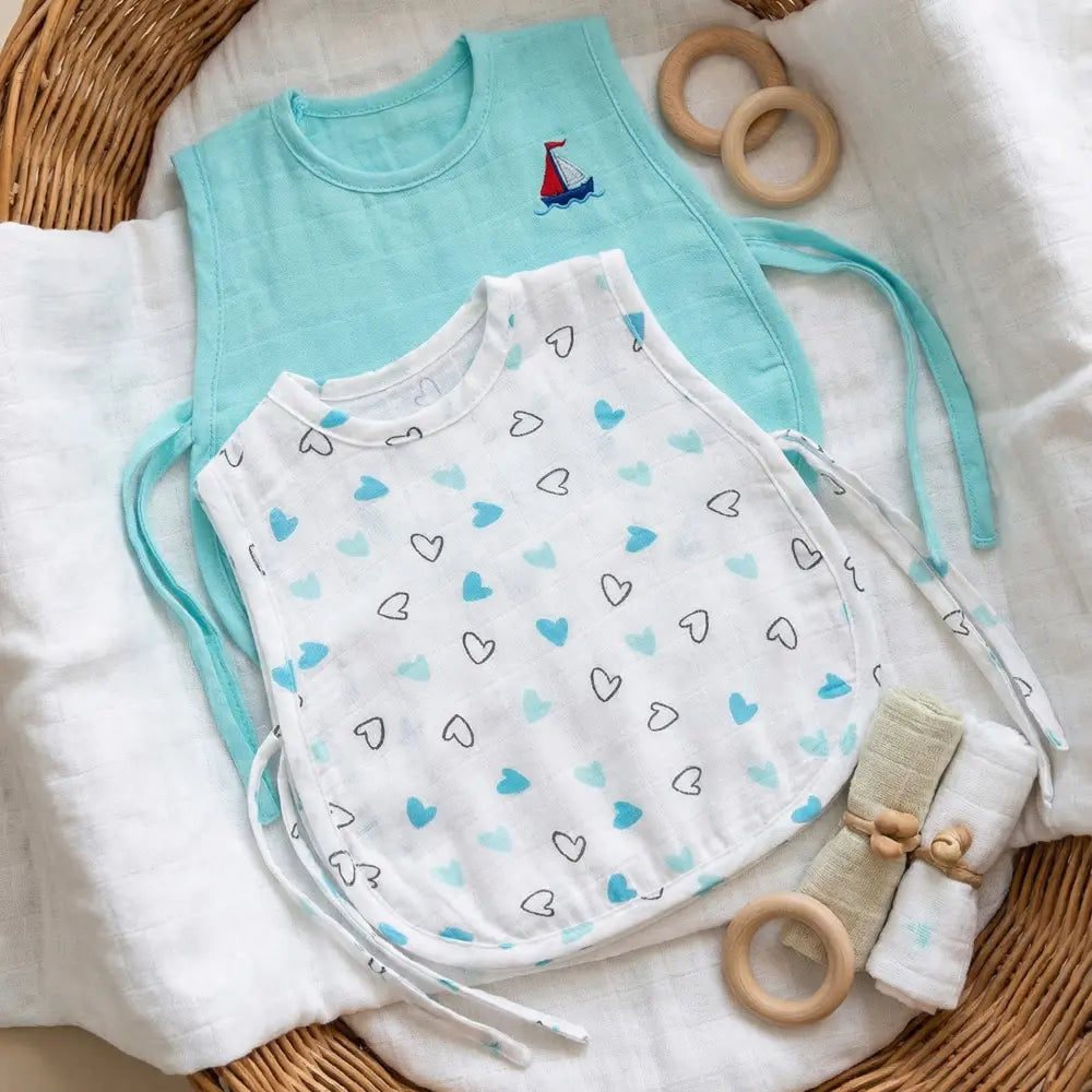 The White Cradle Organic Cotton Muslin Jhablas for Newborn Baby Boy and Girl | Pack of 2 Embroidered &amp; Printed Blue Heart and Solid Boat Jabala | Unisex Baby Vest, Soft &amp; Breathable All-Season Wear