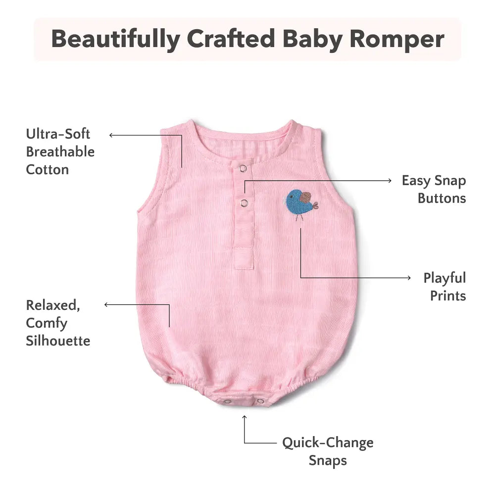 The White Cradle Organic Cotton Baby Romper for Newborn Baby Boy &amp; Girl | Pack of 2 Pink Moon with Pink Bird Infant Rompers | Snap Button Crotch for Easy Diaper Change | Soft Summer Baby Outfit
