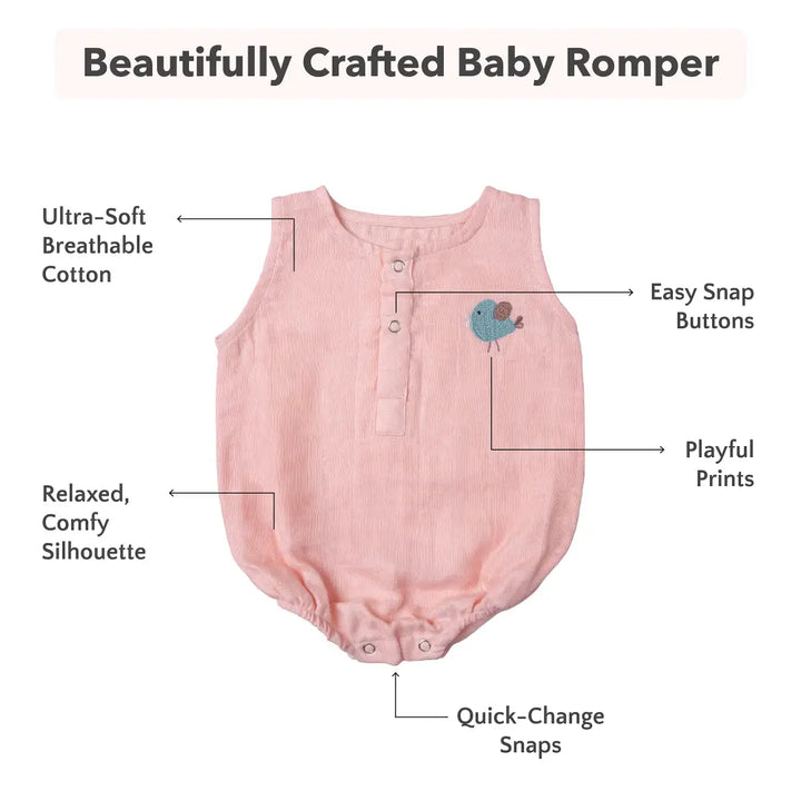 The White Cradle Organic Cotton Baby Romper for Newborn Baby Boy &amp; Girl | Pack of 2 Pink Heart with Peach Bird Infant Rompers | Snap Button Crotch for Easy Diaper Change | Soft Summer Baby Outfit