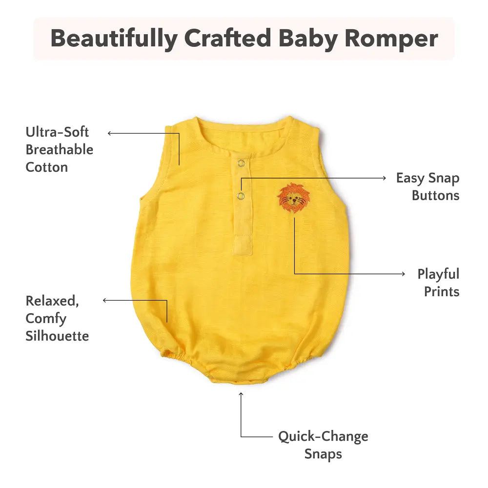 The White Cradle Organic Cotton Baby Romper for Newborn Baby Boy &amp; Girl | Pack of 2 Sunflower with Yellow Lion Infant Rompers | Snap Button Crotch for Easy Diaper Change | Soft Summer Baby Outfit