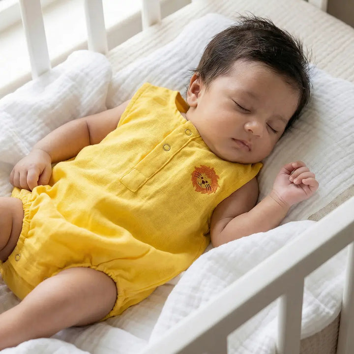 The White Cradle Organic Cotton Baby Romper for Newborn Baby Boy &amp; Girl | Pack of 2 Sunflower with Yellow Lion Infant Rompers | Snap Button Crotch for Easy Diaper Change | Soft Summer Baby Outfit