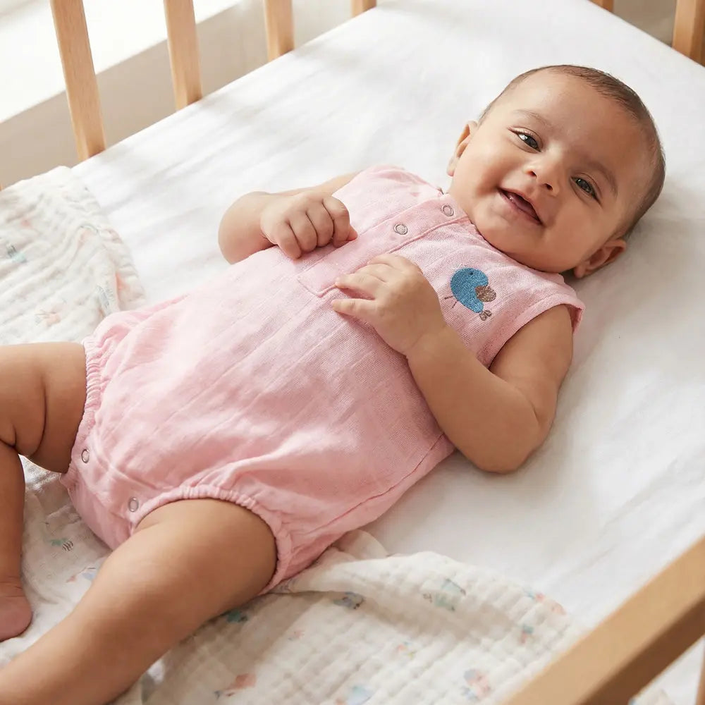 The White Cradle Organic Cotton Baby Romper for Newborn Baby Boy &amp; Girl | Pack of 2 Pink Moon with Pink Bird Infant Rompers | Snap Button Crotch for Easy Diaper Change | Soft Summer Baby Outfit
