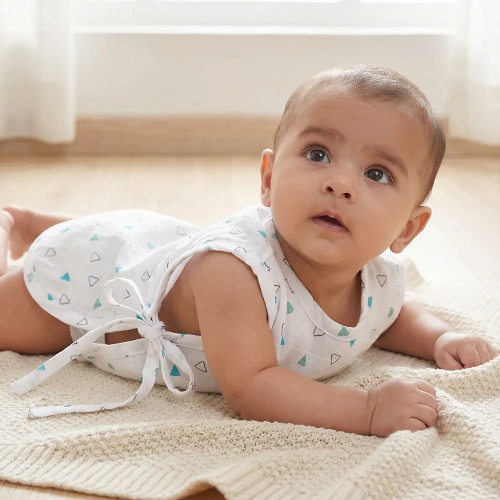 The White Cradle Organic Cotton Muslin Jhablas for Newborn Baby Boy and Girl | Pack of 2 Embroidered &amp; Printed Blue Triangle with Mushroom Jabala | Unisex Baby Vest, Soft &amp; Breathable All-Season Wear