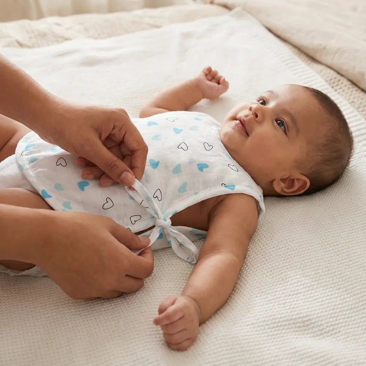 The White Cradle Organic Cotton Muslin Jhablas for Newborn Baby Boy and Girl | Pack of 2 Embroidered &amp; Printed Blue Heart and Solid Boat Jabala | Unisex Baby Vest, Soft &amp; Breathable All-Season Wear