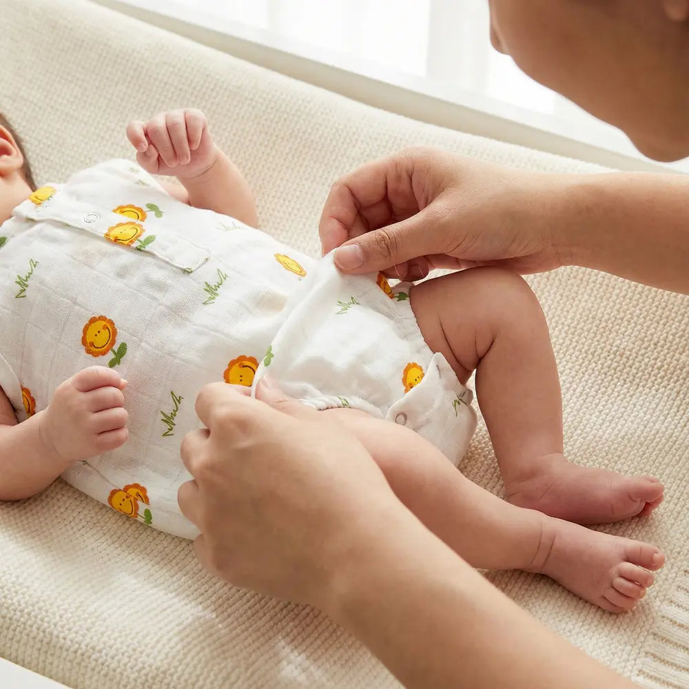 The White Cradle Organic Cotton Baby Romper for Newborn Baby Boy &amp; Girl | Pack of 2 Sunflower with Yellow Lion Infant Rompers | Snap Button Crotch for Easy Diaper Change | Soft Summer Baby Outfit
