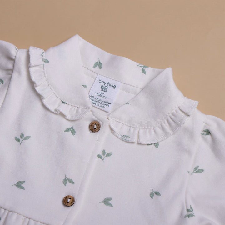 Tiny Twig Leaves Peterpan Dress Set - Sage