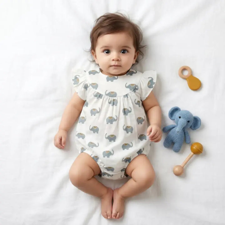 Sweetlime By AS Baby Girls Elephant Print Cotton Romper White