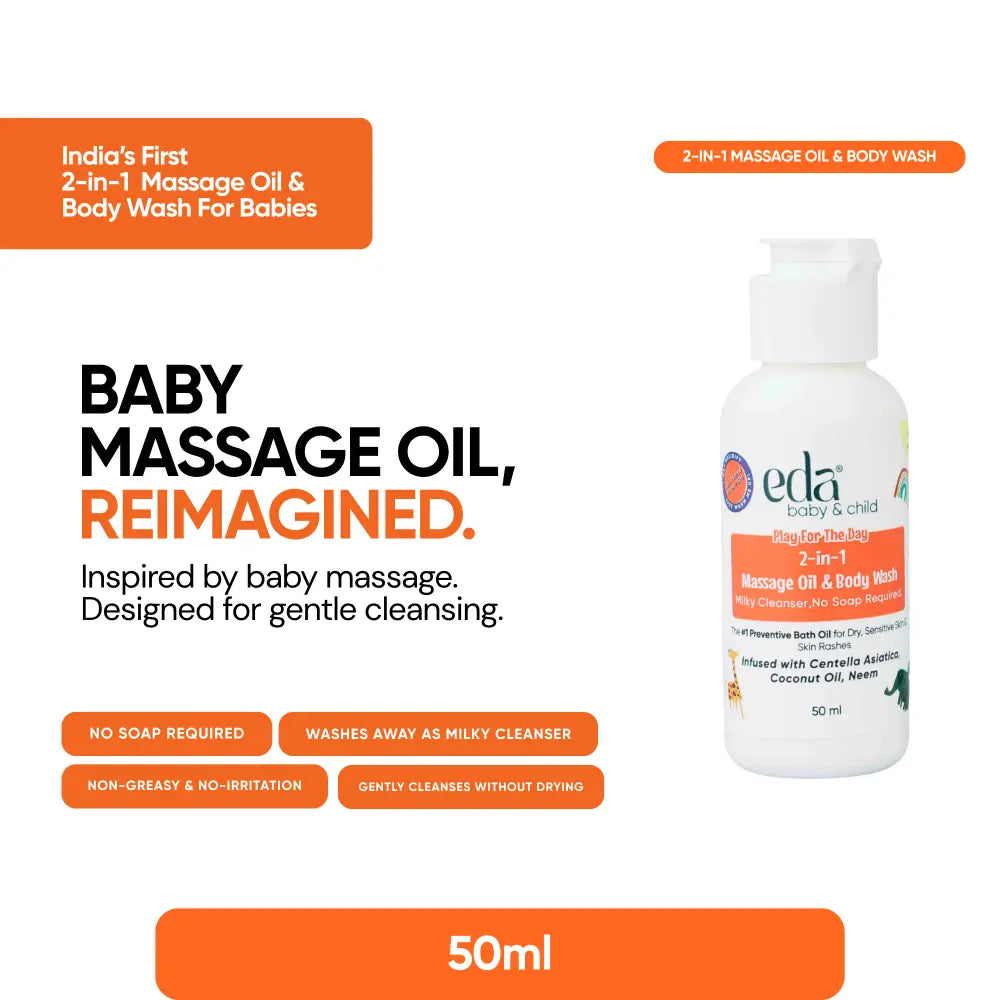 Eda Baby &amp; Child Travel Kit with Pouch | 4-in-1 Dermat Crafted Baby Skincare Set 0-10 Yrs | Bath Oil + Head to Toe Wash + Face &amp; Body Lotion + Nighttime Balm | Centella, Chamomile, Calendula | Safe from Day 1