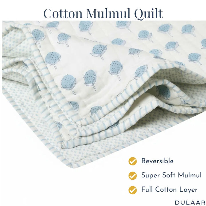 Dulaar Reversible Mulmul Quilt | Hand-Block Printed - Cotton Cheer Blue Bud