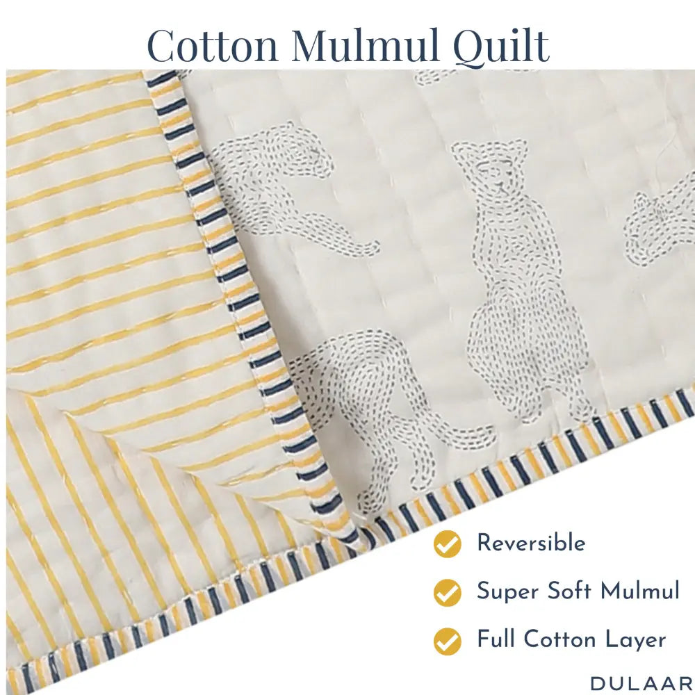 Dulaar Reversible Mulmul Quilt | Hand-Block Printed - Cheerful Cheetahs