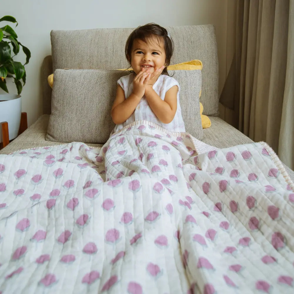 Dulaar Reversible Mulmul Quilt | Hand-Block Printed - Cotton Cheer Pink Bud
