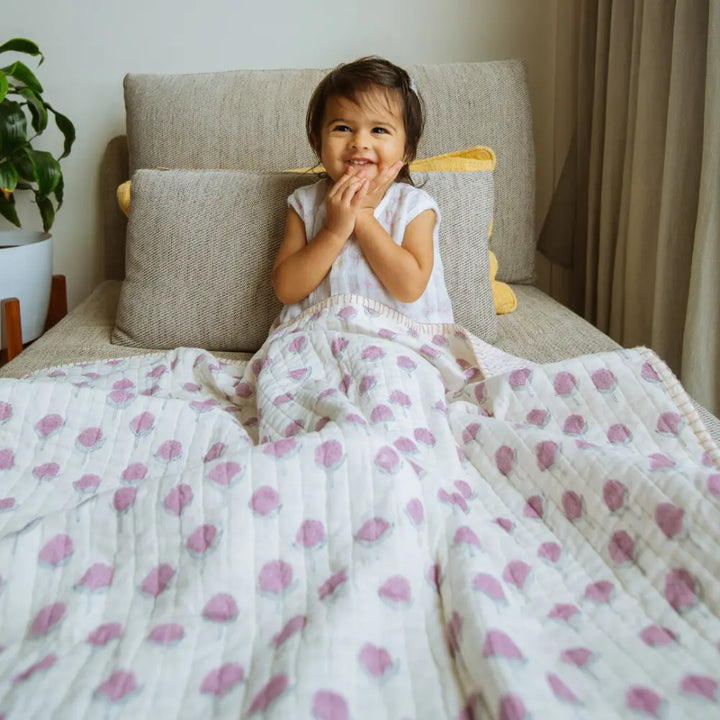 Dulaar Reversible Mulmul Quilt | Hand-Block Printed - Cotton Cheer Pink Bud