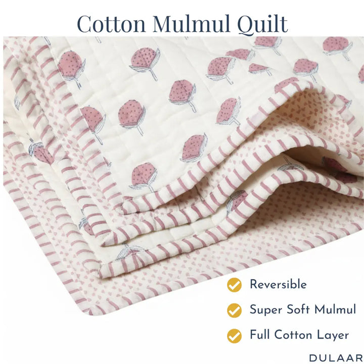 Dulaar Reversible Mulmul Quilt | Hand-Block Printed - Cotton Cheer Pink Bud