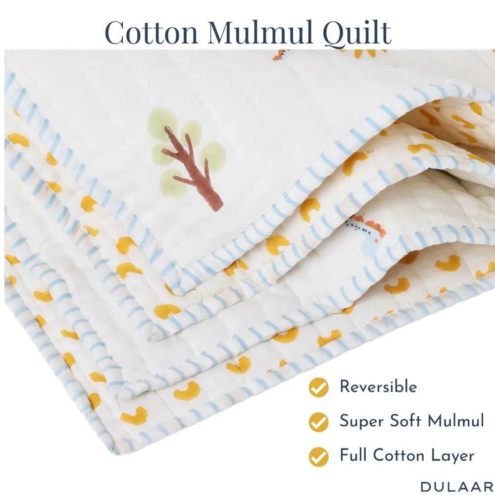Dulaar Reversible Mulmul Quilt | Hand-Block Printed - A Day with Dinos (OG)