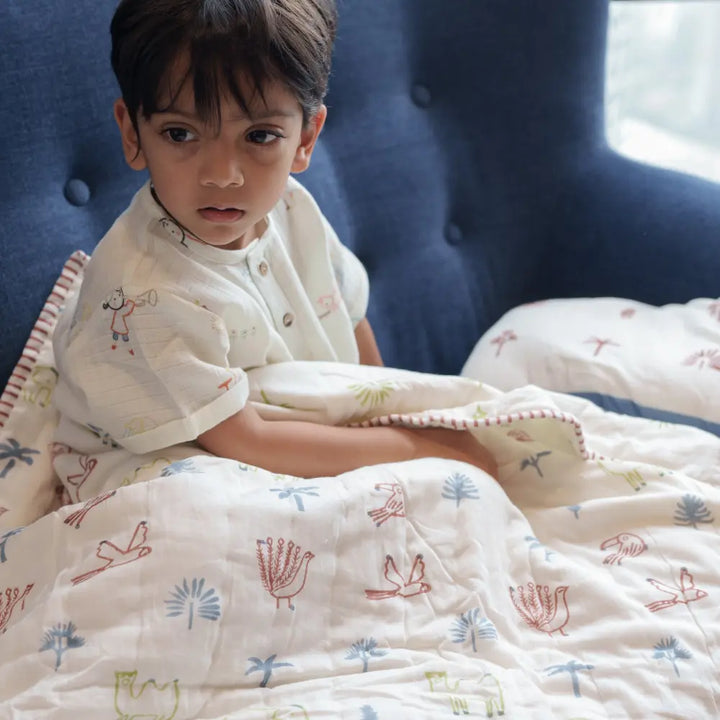 Dulaar Reversible Mulmul Quilt | Hand-Block Printed - Magical Jungle