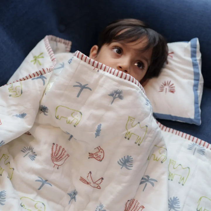 Dulaar Reversible Mulmul Quilt | Hand-Block Printed - Magical Jungle