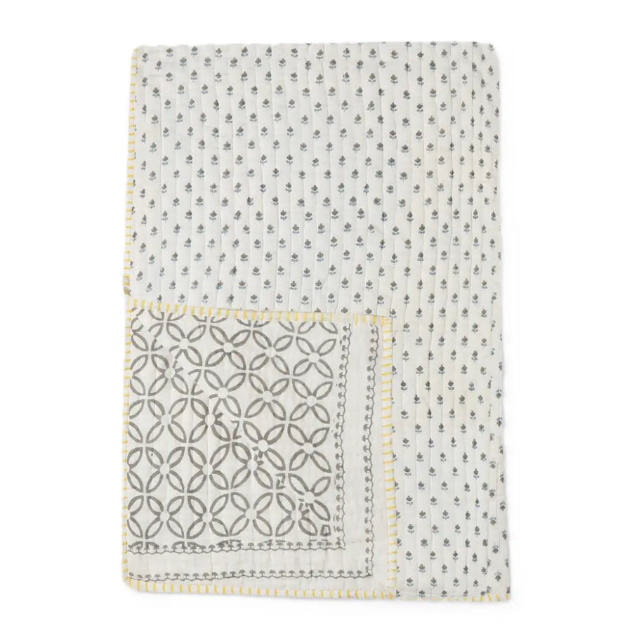 Dulaar Reversible Mulmul Quilt | Hand-Block Printed - Flowers from Sanganer Grey Blooms