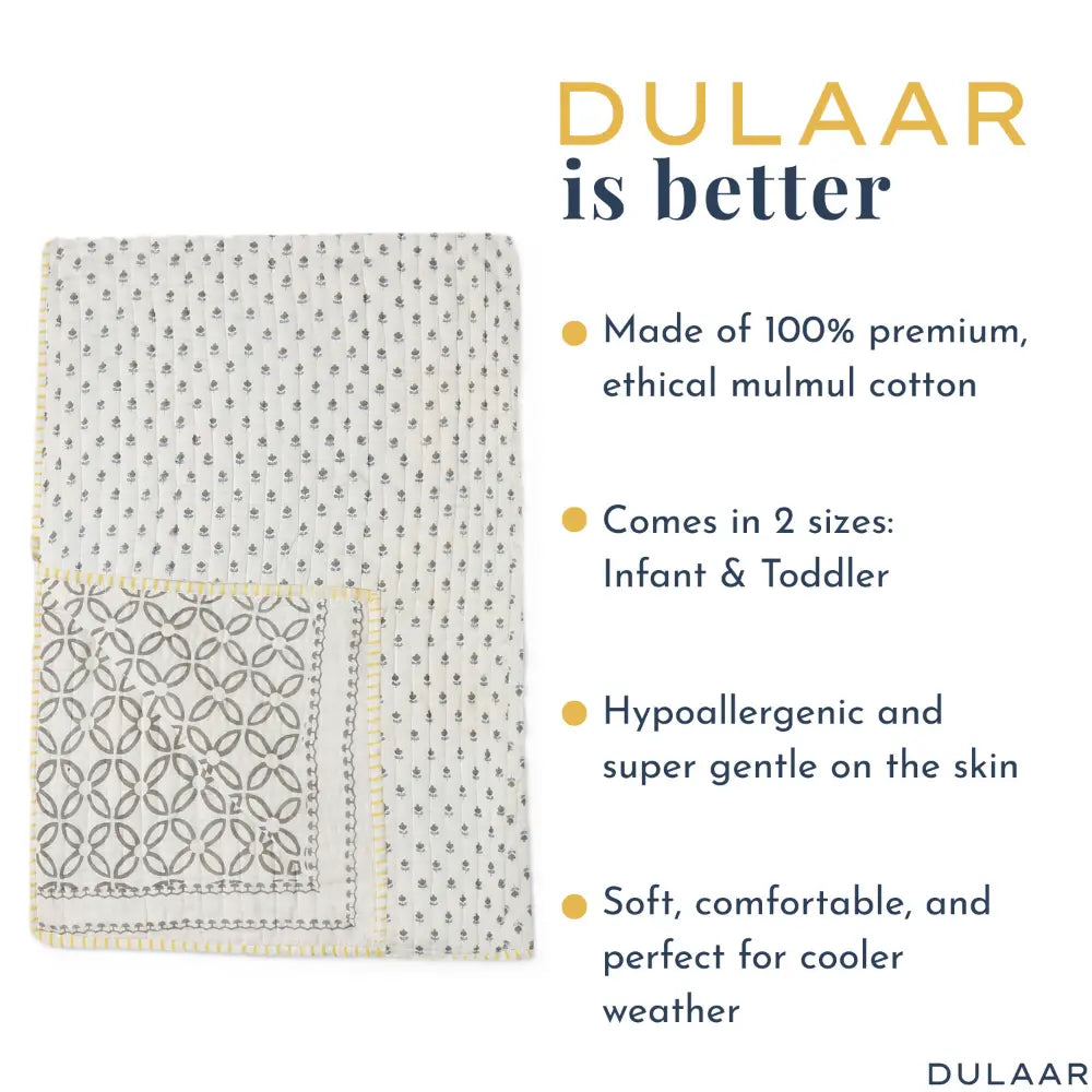 Dulaar Reversible Mulmul Quilt | Hand-Block Printed - Flowers from Sanganer Grey Blooms