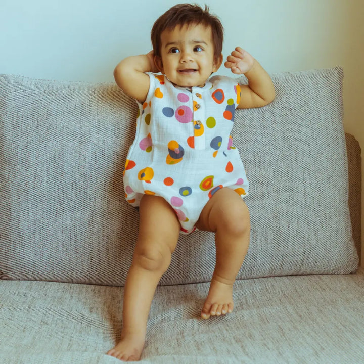 Dulaar Organic Muslin Romper - Blue Pops