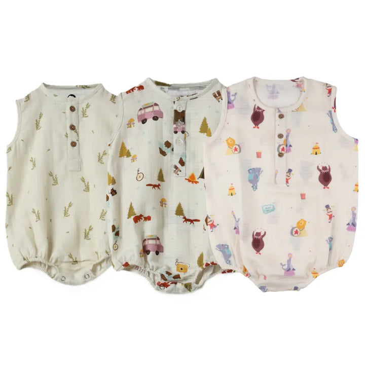 Dulaar Organic Muslin Romper (Set of 3) - Green Zen + The Happy Camper + Life is a Circus