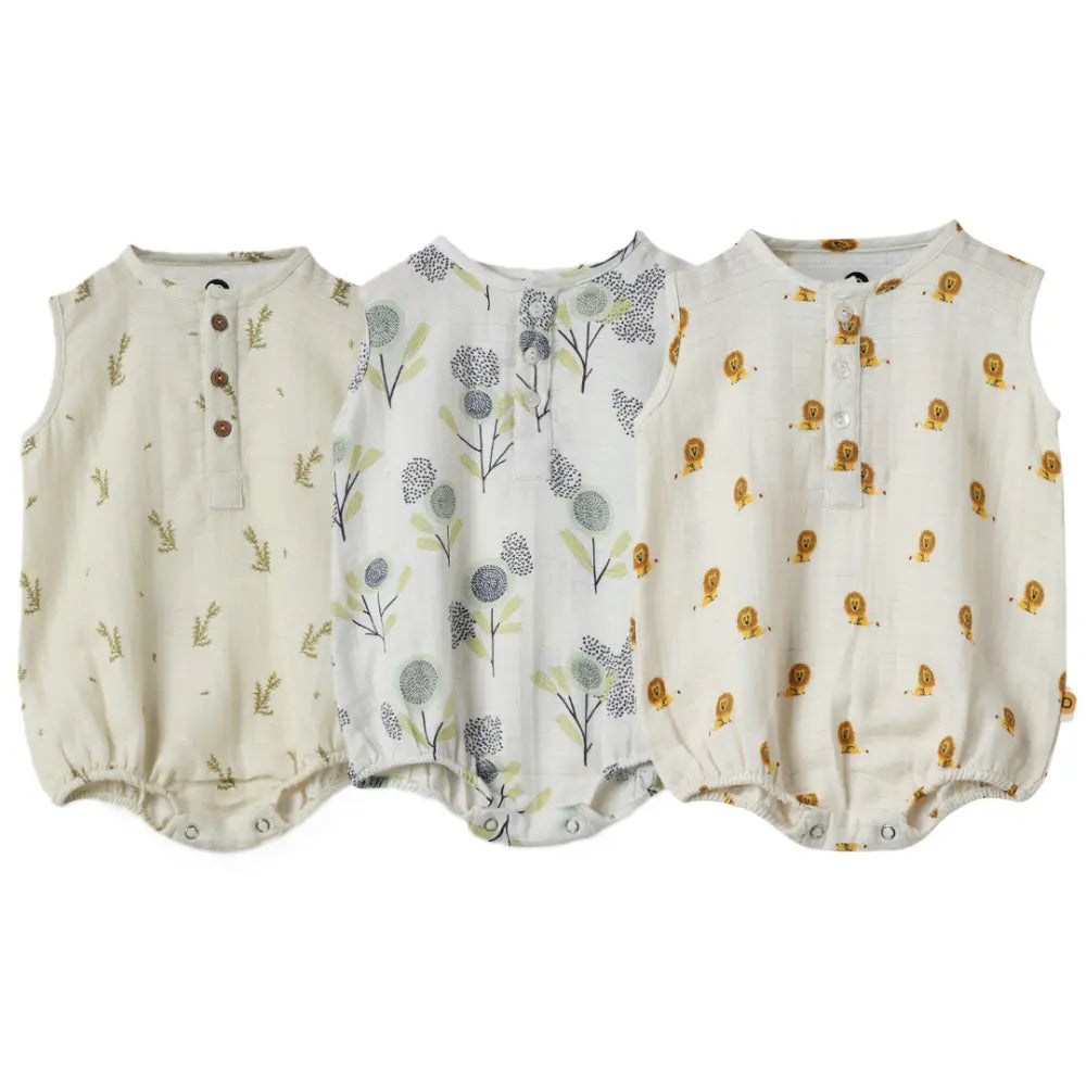 Dulaar Organic Muslin Romper (Set of 3) - Green Zen + The Sparrow and Flower + Just Lion Around