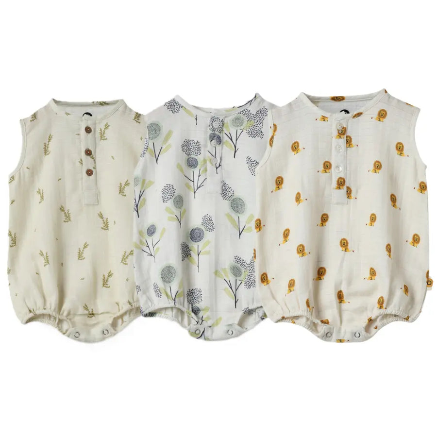 Dulaar Organic Muslin Romper (Set of 3) - Green Zen + The Sparrow and Flower + Just Lion Around